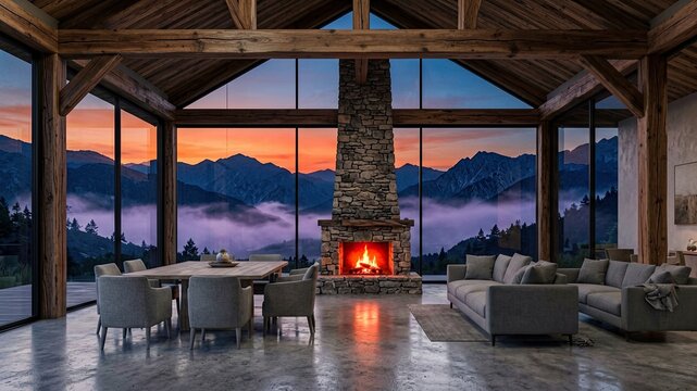 Spacious mountain retreat interior with dining table and sofa set facing spectacular sunset clouds over high alpine peaks.