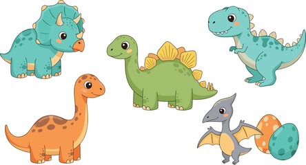 Cartoon dinosaurs with triceratops, stegosaurus, tyrannosaurus, sauropod, pterodactyl, eggs, playful children’s vector illustration design © MdJillur