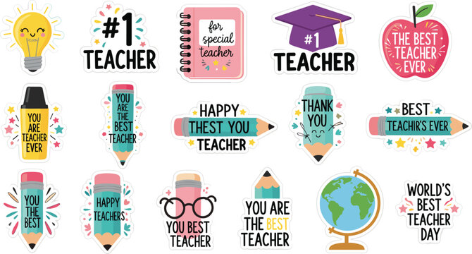 Colorful teacher appreciation stickers with pencils, apple, globe, graduation cap, notebook, creative thank you vector illustration design