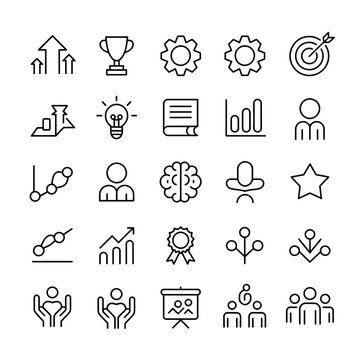 upskilling coaching, career development icons pack, line signs skill growth learning teamwork and progression training, thin vector icons set for web and app outline editable stroke, clean UI icon set