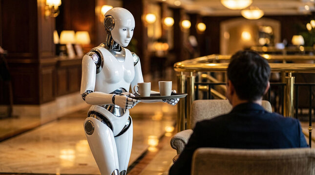 Humanoid robot serves coffee to a person in a hotel lobby, android, service.