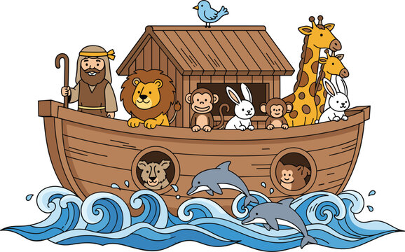 Noah's Ark Vector Illustration Featuring Noah and Various Pairs of Animals Like Lions Giraffes Monkeys and Dolphins on Ocean Waves for Bible Story Education