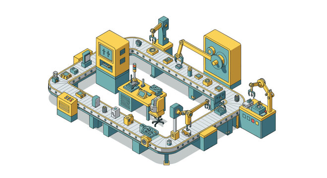 An intricate automated assembly line featuring yellow and teal machinery and robotic arms operates on a continuous conveyor belt loop in a clean setting.