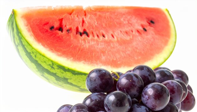 Slices of watermelon with red flesh and seeds beside glossy purple grape cluster on white surface.