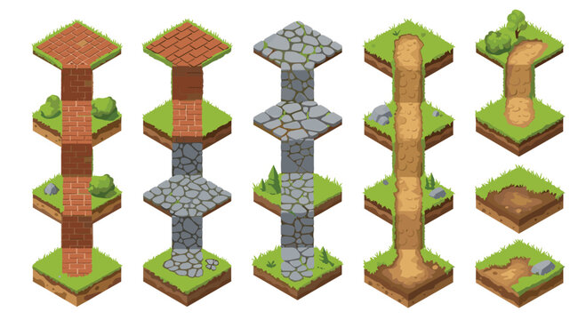 Meticulous isometric game assets showcase modular grass tiles with diverse path textures including red brick and grey cobblestone under bright lighting.