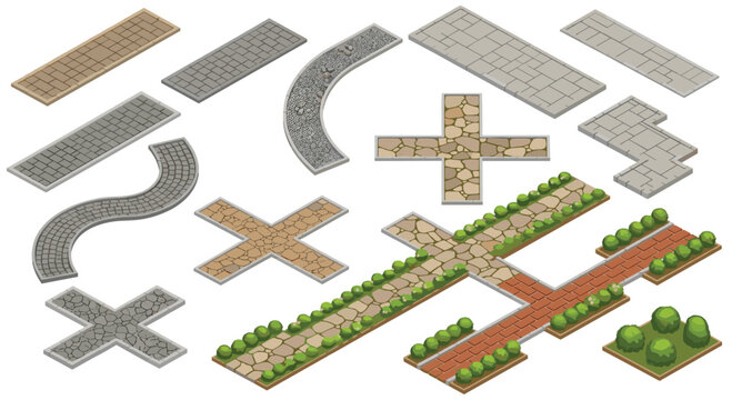 A versatile collection of isometric garden path tiles featuring various textures like cobblestone and brick along with lush green border hedges on a white background.