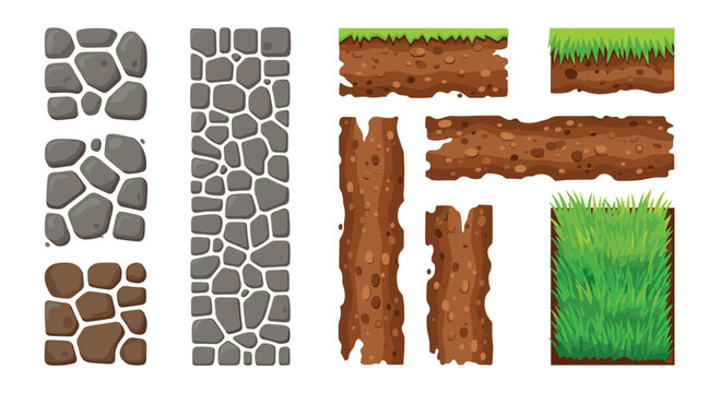 A diverse collection of terrain textures displays irregular grey stone paths alongside layered brown soil and vibrant green grass for game level design purposes.