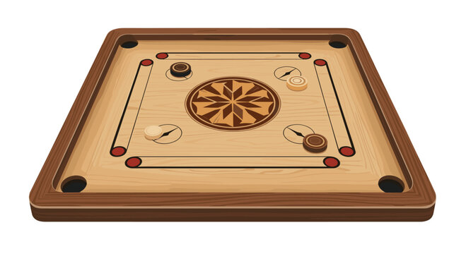 A classic square carrom board with a smooth wooden surface features a central geometric design and various playing coins positioned for a competitive match.
