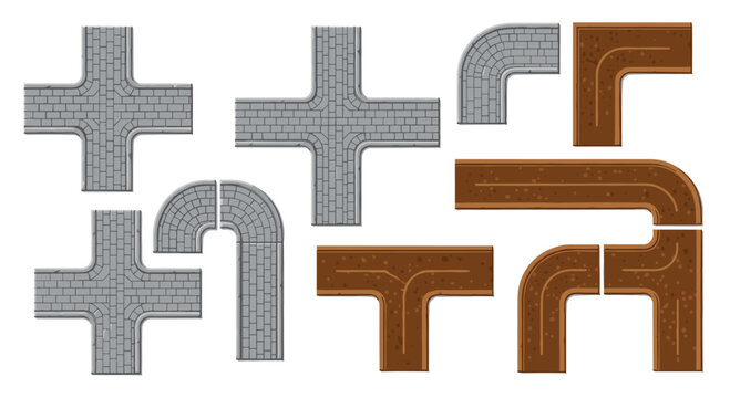 This set of modular path tiles features various grey stone cobblestones and brown dirt road segments designed for creating custom maps and game environments.