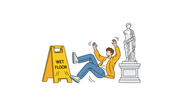 A startled man in a yellow jacket falls backward onto the floor next to a bright yellow wet floor warning sign and a white marble statue in a museum.