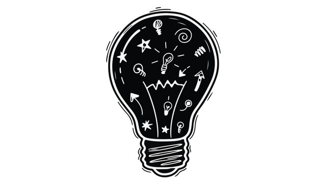 Lightbulb icon filled with creative symbols represents a bright idea and innovation.