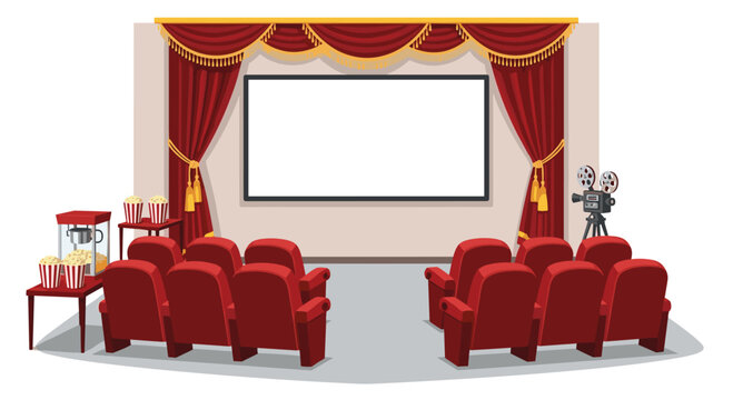A professional home theater setup features a large blank screen framed by red velvet curtains and rows of plush red seats on a clean white background.