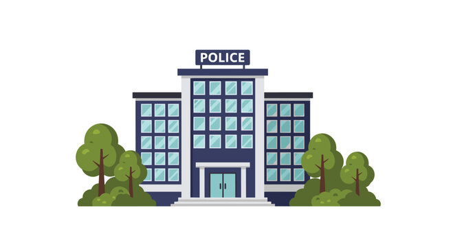 This symmetrical dark blue police station building features a prominent central entrance and lush green trees positioned on a clean white background setting.