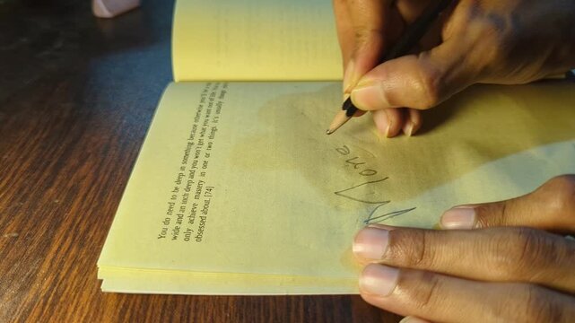 Person writing money management words with pencil in book on wooden desk at sunset light closeup shot of hands journaling financial concepts on yellow paper with cursive script and dynamic motion.