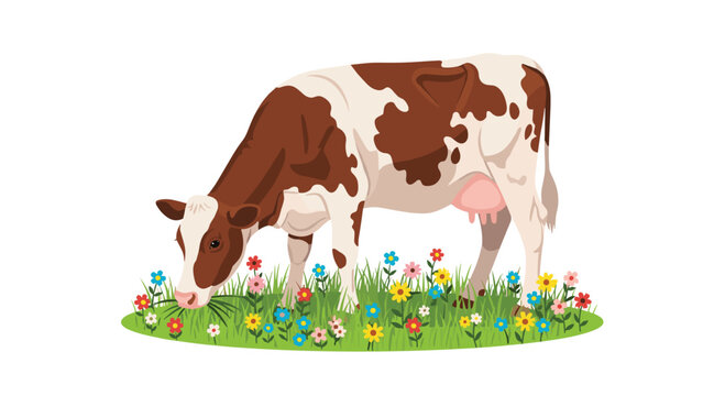 A gentle brown and white cow grazes contentedly in a vibrant green meadow overflowing with colorful red yellow and blue spring garden wildflowers today.