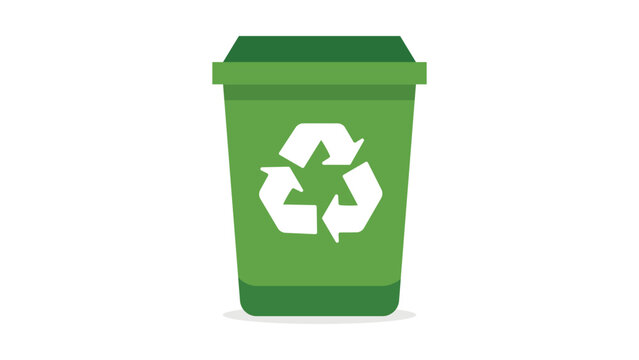 Green recycling bin icon, a modern flat vector illustration on a white background representing environmental sustainability and waste management with a white recycle symbol, scalable graphic.