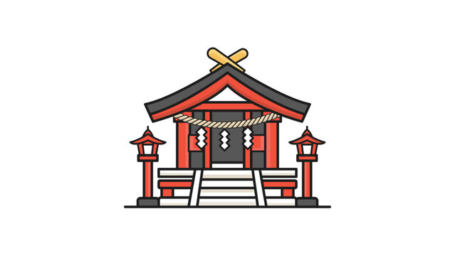 Traditional Japanese Shinto Shrine Editable Stroke Vector Icon. Modern Flat Illustration of a Jinja Temple with Red Pillars, Lanterns, and Shimenawa Rope. Scalable Graphic for Travel and Culture.