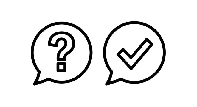Question and answer icons in speech bubbles with question dialogue communication information response confirmation approved thinking discussion feedback decision interaction questionnaire