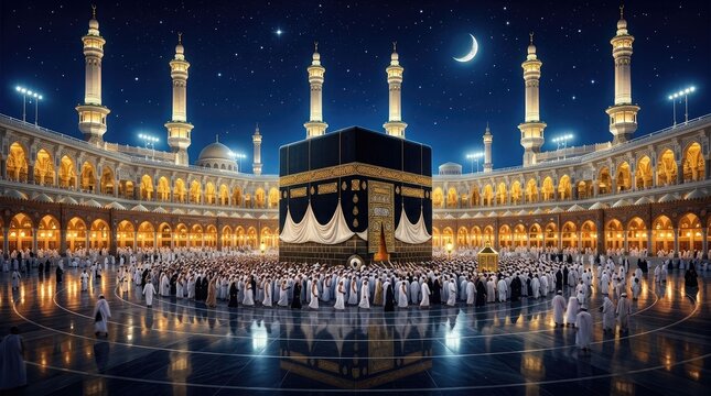Eid al adha mubarak majestic view of the kaaba in mecca during holy celebration