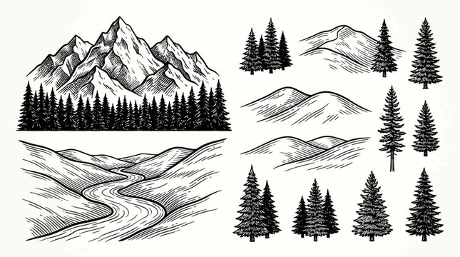 Vintage Mountain Landscape Collection - Retro Engraving Style Nature Illustration Set with Mountains, Pine Trees and River