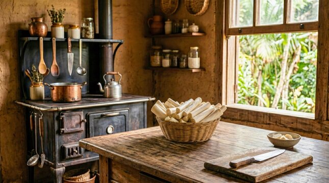 Wicker Basket of A&ccedil;a&iacute; Heart of Palm in Rustic Kitchen with Wood Stove