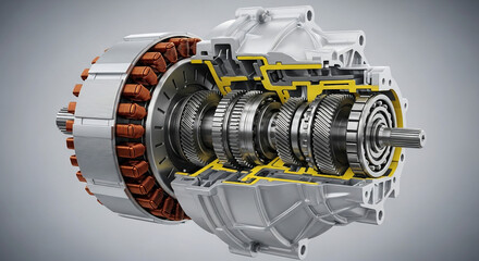 Obraz premium Cutaway view of an electric motor and transmission assembly for a hybrid or electric vehicle.