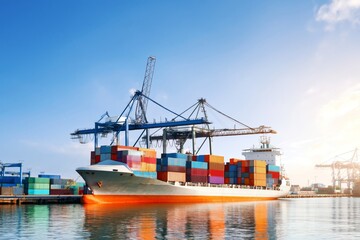 Fototapeta premium Cargo Ship Loading Containers at a Port During Early Morning Light