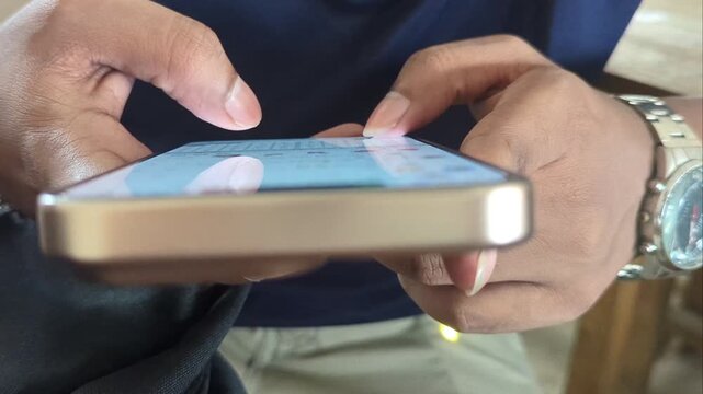 Close up view of persons hands typing on smartphone with gold frame and metal watch on wrist while sitting in casual indoor setting using mobile application for communication or business tasks.
