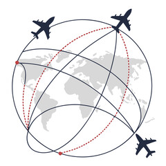 A vector graphic illustration of airplanes flying around the world with flight routes © eee