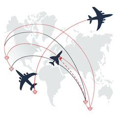 A vector graphic illustration of airplanes flying around the world with flight routes and destinations © eee