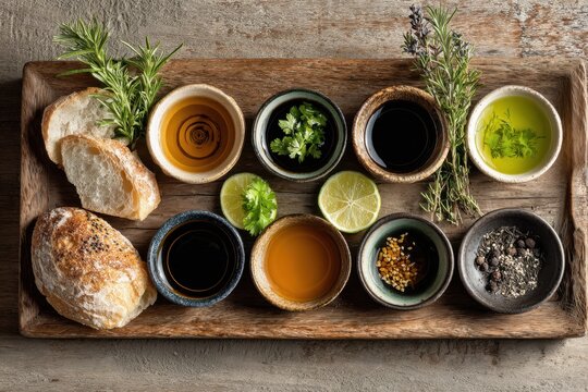 Top view vinegar tasting set with small cups and bread, curated culinary sampling arrangement, artisanal food scene