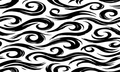 Fototapeta premium vector pattern of dynamic black brush strokes forming elegant swirls, loops, and flowing waves, featuring hand-painted ink texture in a monochrome