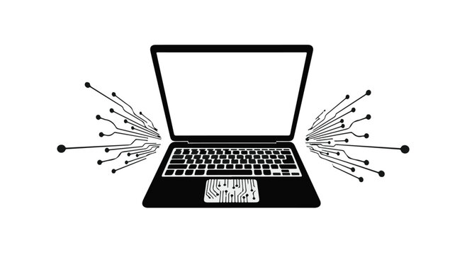 Laptop computer silhouette features integrated digital circuit patterns on white.