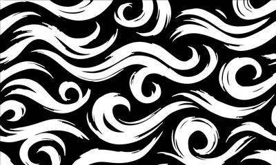Obraz premium vector pattern of dynamic black brush strokes forming elegant swirls, loops, and flowing waves, featuring hand-painted ink texture in a monochrome