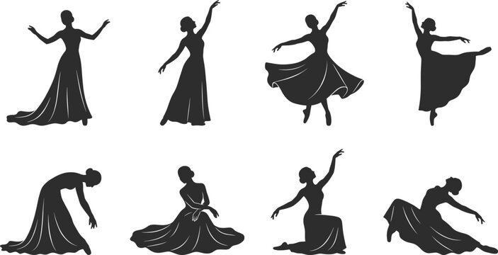 Collection of eight minimalist black female dancer silhouettes featuring ballroom gowns lyrical dance poses and graceful leaps isolated on white background.