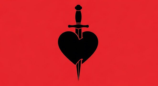 Stylized black dagger piercing a cracked heart silhouette against a solid crimson background