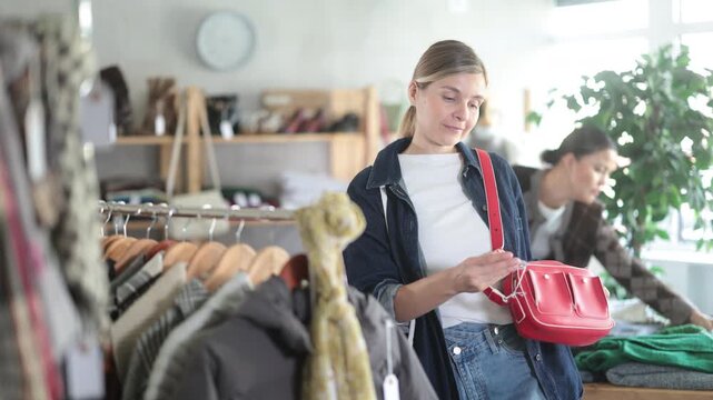 While shopping, woman browsing goods items and choose elect ladys bag in store, buyer consider some items. Concept of seasonal wardrobe shopping. Client and holiday shopping. 