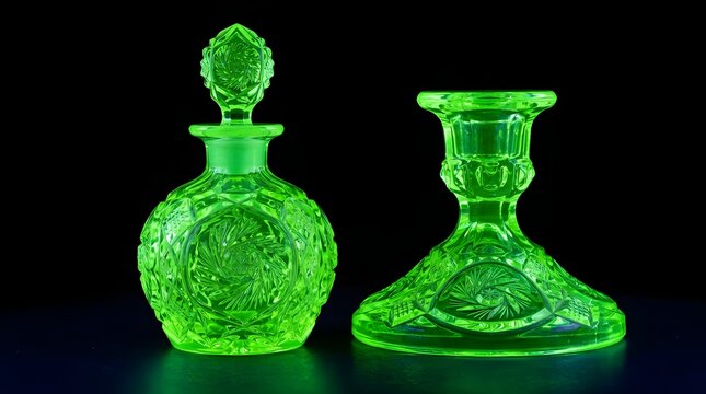 Antique Victorian Vaseline Glass Perfume Bottle and Candlestick Glowing Green