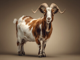 Fototapeta premium Majestic brown and white goat with large curved horns, domestic farm animal portrait, rustic livestock photography on neutral background