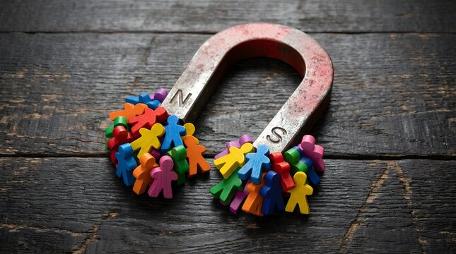 Horseshoe magnet attracting colorful human figures, customer retention and lead generation concept, magnetic pull on diverse people icons