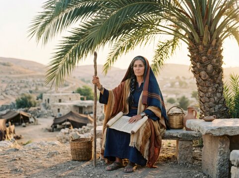 Deborah biblical judge sitting outdoors holding scroll