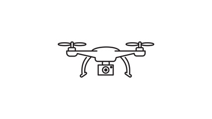 Minimalist quadcopter drone with camera black line vector icon illustration on white background. Features editable stroke for adjustable line weight, perfect for technology and aerial photography. © Sumon