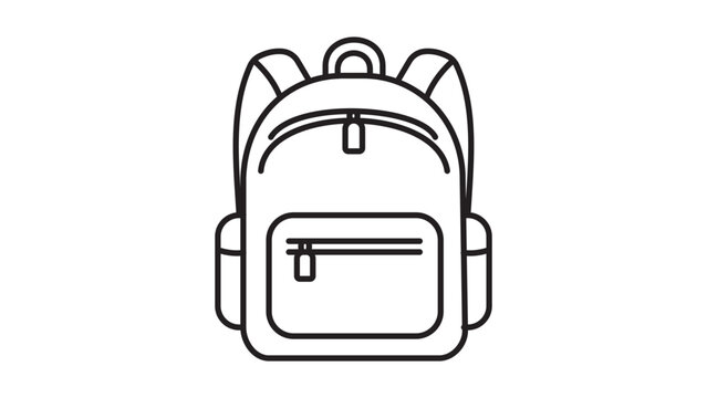 School Backpack Minimalist Black Line Vector Icon on White Background. This Editable Stroke Vector Illustration features a classic rucksack design with zippers and pockets for travel and study.
