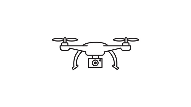 Minimalist quadcopter drone with camera black line vector icon illustration on white background. Features editable stroke for adjustable line weight, perfect for technology and aerial photography.