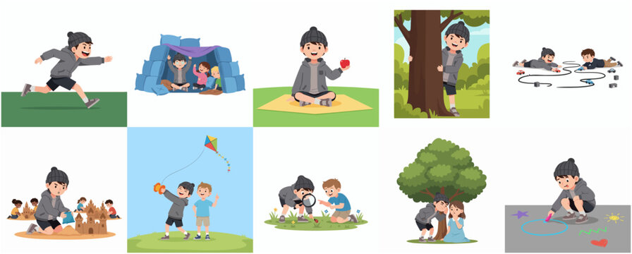 Cute boy character collection featuring various childhood activities like playing, learning, and exploring