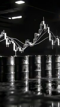 Row oil barrels on wet floor, market feed updating overlaid candles chart tracking finance prices