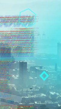 City skyline gaining HUD overlays after dotted marker appearing, showing quantitative data for tech