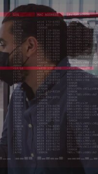 Vertical video: Analyst watching screens to spot errors as security overlay flagging logs, MAC, IP