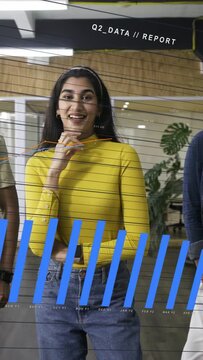 Vertical video: Female host smiling, speaking as overlay appearing, chart animating for Q2 report