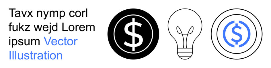 Fototapeta premium Finance, innovation, currency, creative ideas, economics, smart investment. Minimalist design dollar signs in circles and a lightbulb. Finance and innovation concept